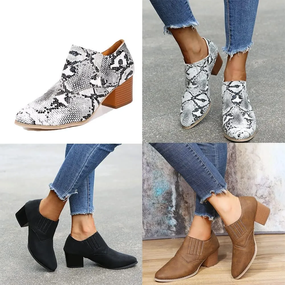JITUUE Women's Pointed Toe Block Heel Bootie Slip-On Ankle Boots Faux Leather Heel Heels Chunky Boot