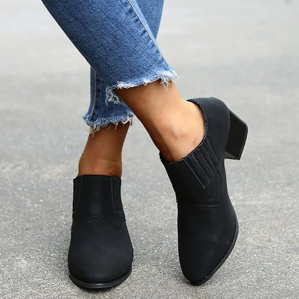JITUUE Women's Pointed Toe Block Heel Bootie Slip-On Ankle Boots Faux Leather Heel Heels Chunky Boot