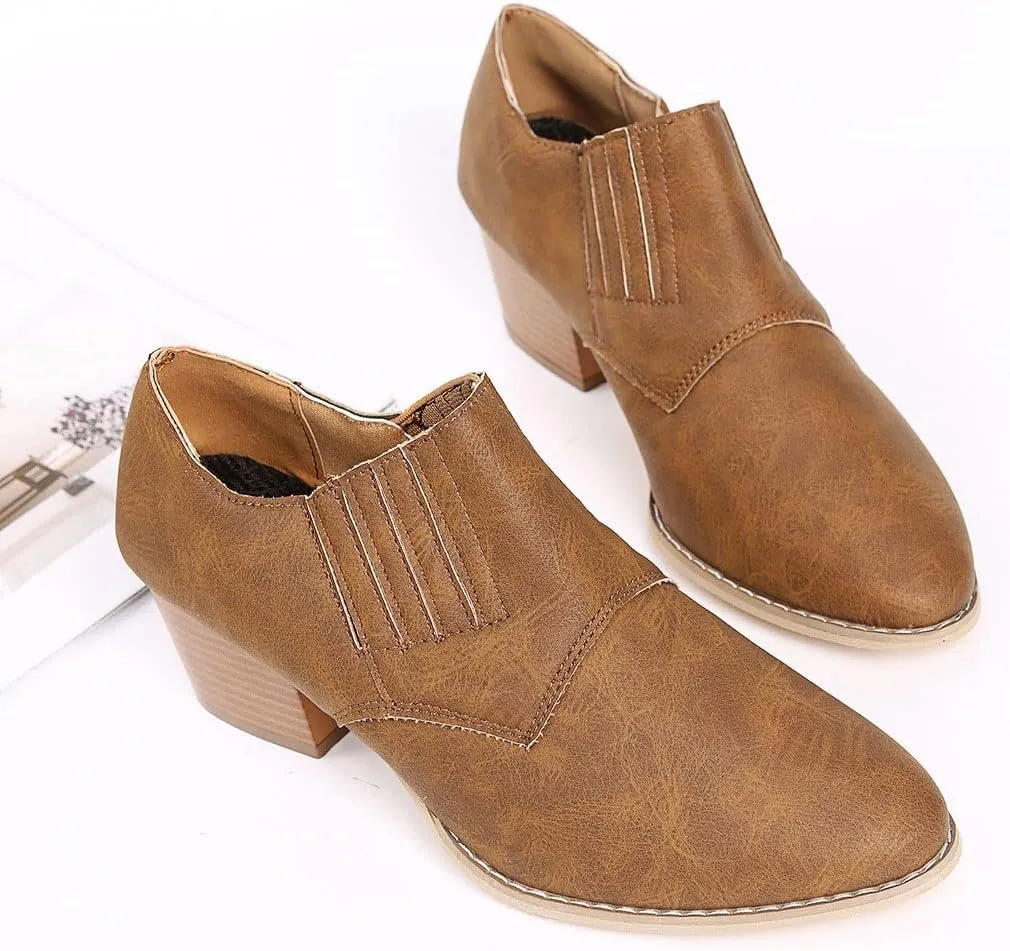 JITUUE Women's Pointed Toe Block Heel Bootie Slip-On Ankle Boots Faux Leather Heel Heels Chunky Boot