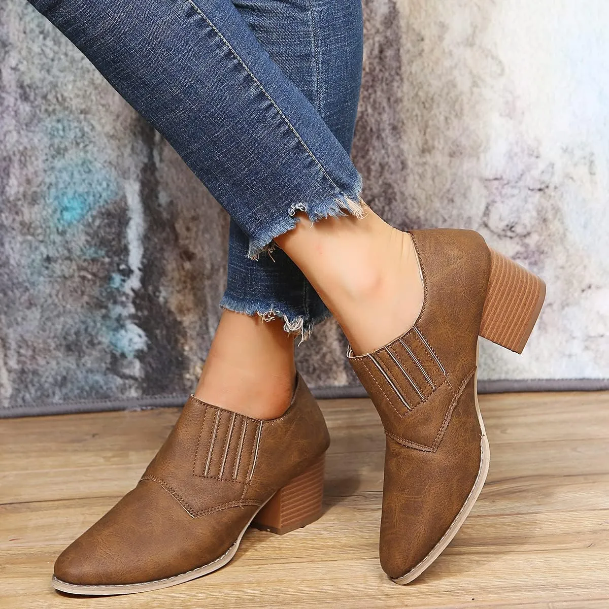 JITUUE Women's Pointed Toe Block Heel Bootie Slip-On Ankle Boots Faux Leather Heel Heels Chunky Boot