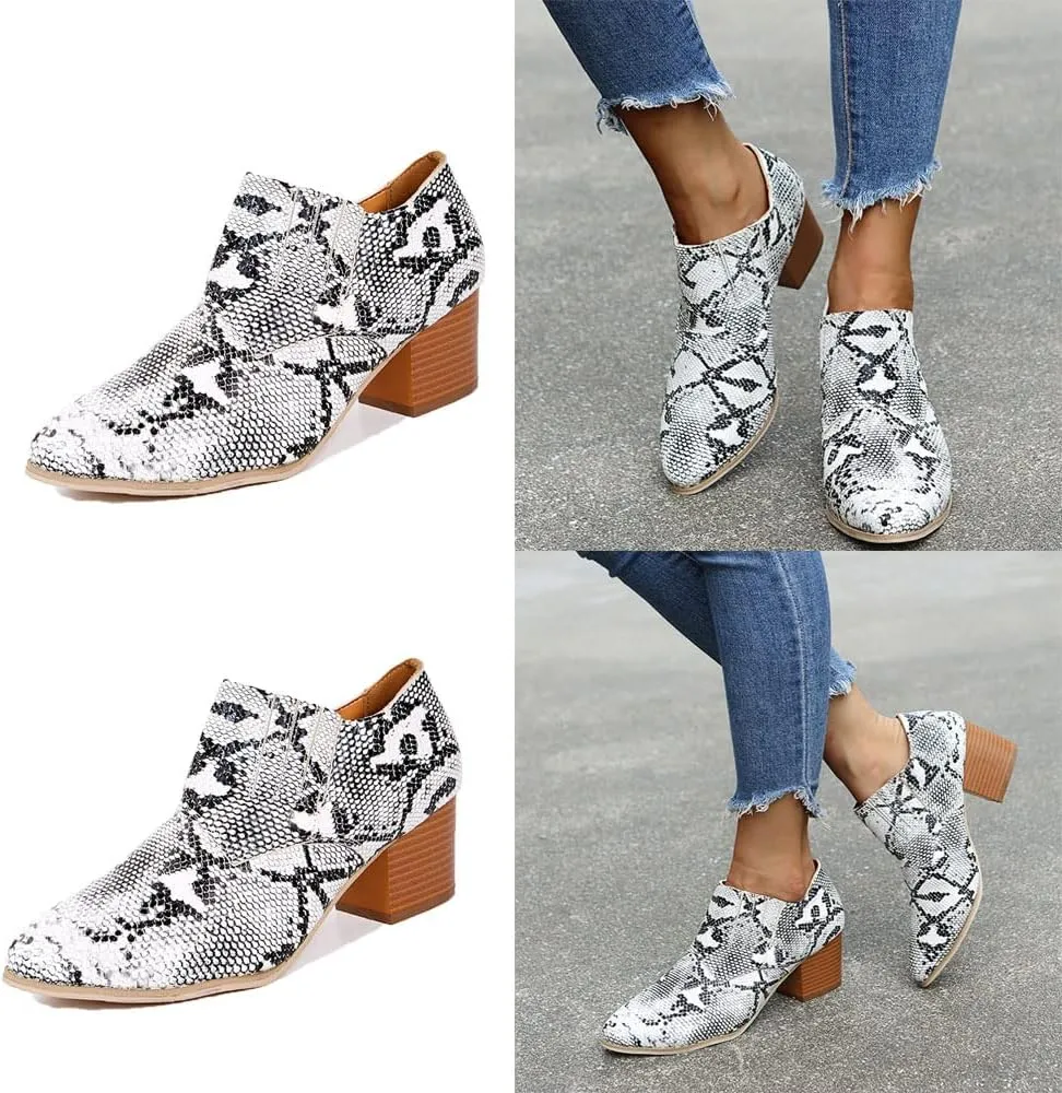 JITUUE Women's Pointed Toe Block Heel Bootie Slip-On Ankle Boots Faux Leather Heel Heels Chunky Boot