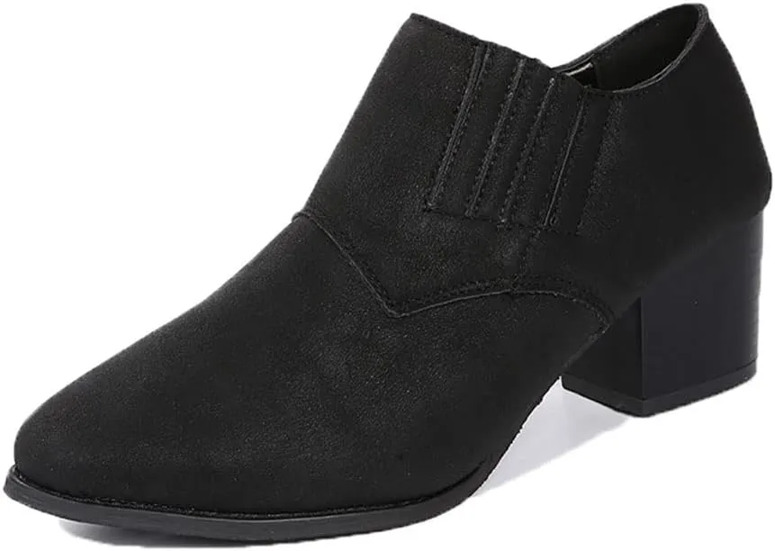 JITUUE Women's Pointed Toe Block Heel Bootie Slip-On Ankle Boots Faux Leather Heel Heels Chunky Boot