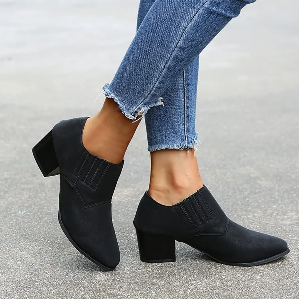 JITUUE Women's Pointed Toe Block Heel Bootie Slip-On Ankle Boots Faux Leather Heel Heels Chunky Boot