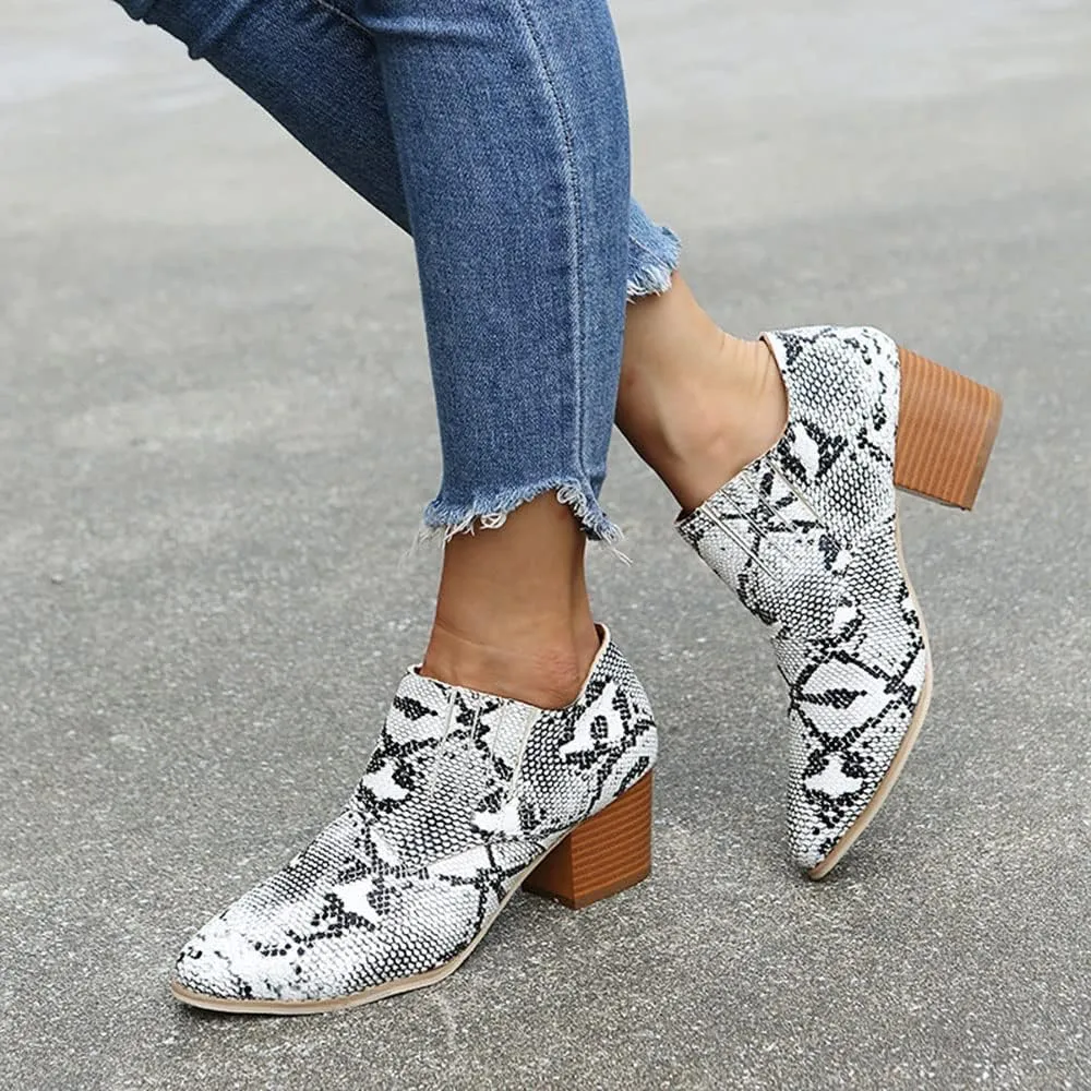 JITUUE Women's Pointed Toe Block Heel Bootie Slip-On Ankle Boots Faux Leather Heel Heels Chunky Boot