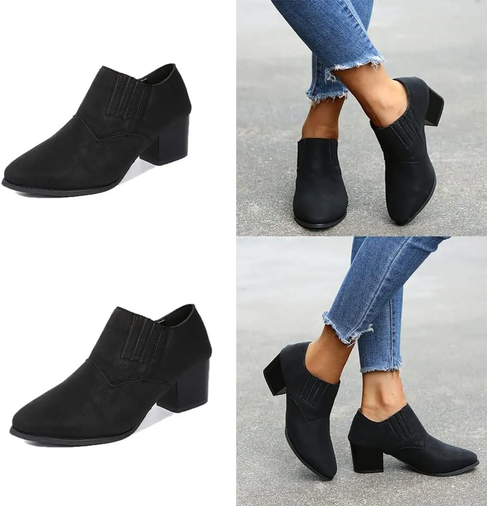 JITUUE Women's Pointed Toe Block Heel Bootie Slip-On Ankle Boots Faux Leather Heel Heels Chunky Boot