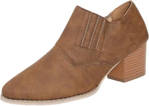 JITUUE Women's Pointed Toe Block Heel Bootie Slip-On Ankle Boots Faux Leather Heel Heels Chunky Boot