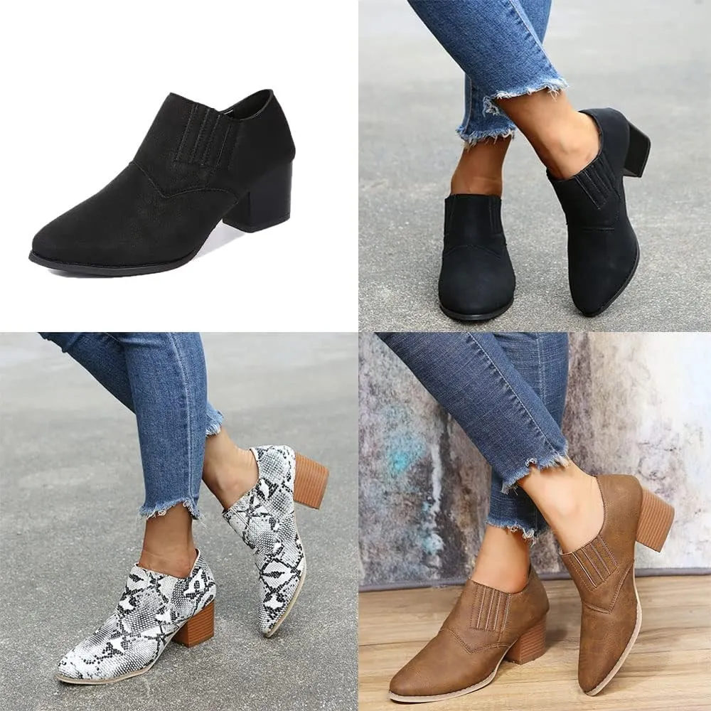 JITUUE Women's Pointed Toe Block Heel Bootie Slip-On Ankle Boots Faux Leather Heel Heels Chunky Boot