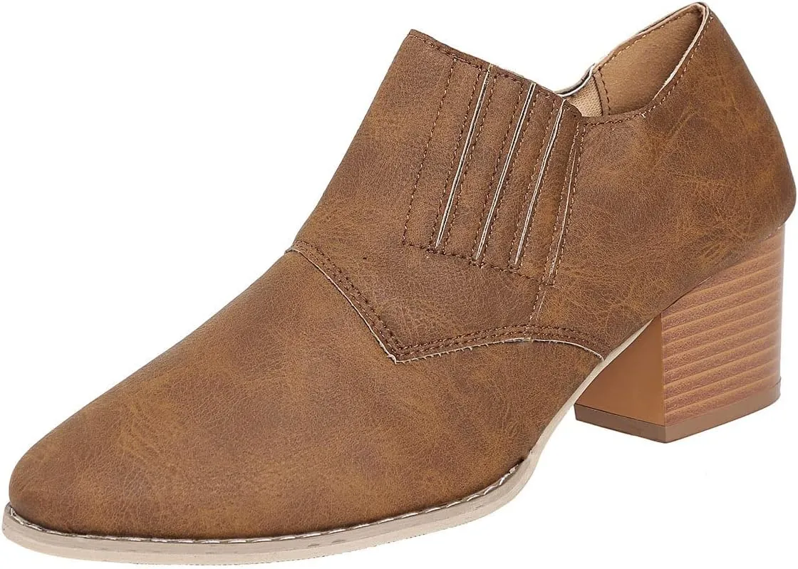 JITUUE Women's Pointed Toe Block Heel Bootie Slip-On Ankle Boots Faux Leather Heel Heels Chunky Boot