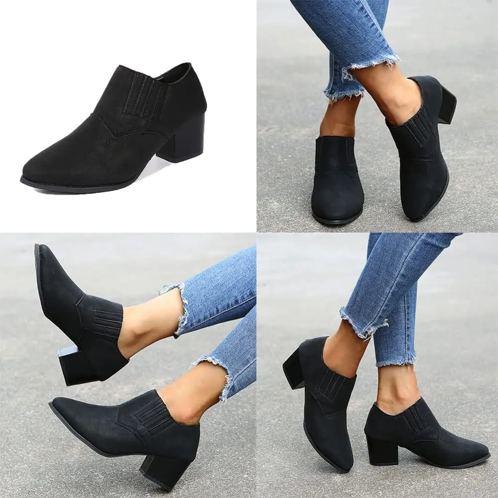 JITUUE Women's Pointed Toe Block Heel Bootie Slip-On Ankle Boots Faux Leather Heel Heels Chunky Boot