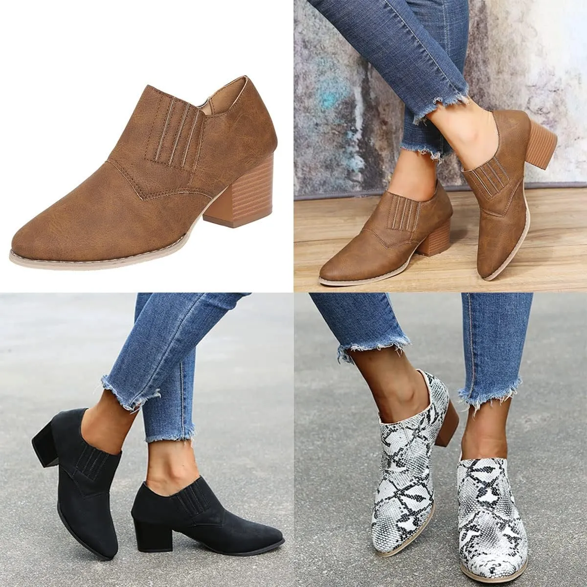 JITUUE Women's Pointed Toe Block Heel Bootie Slip-On Ankle Boots Faux Leather Heel Heels Chunky Boot