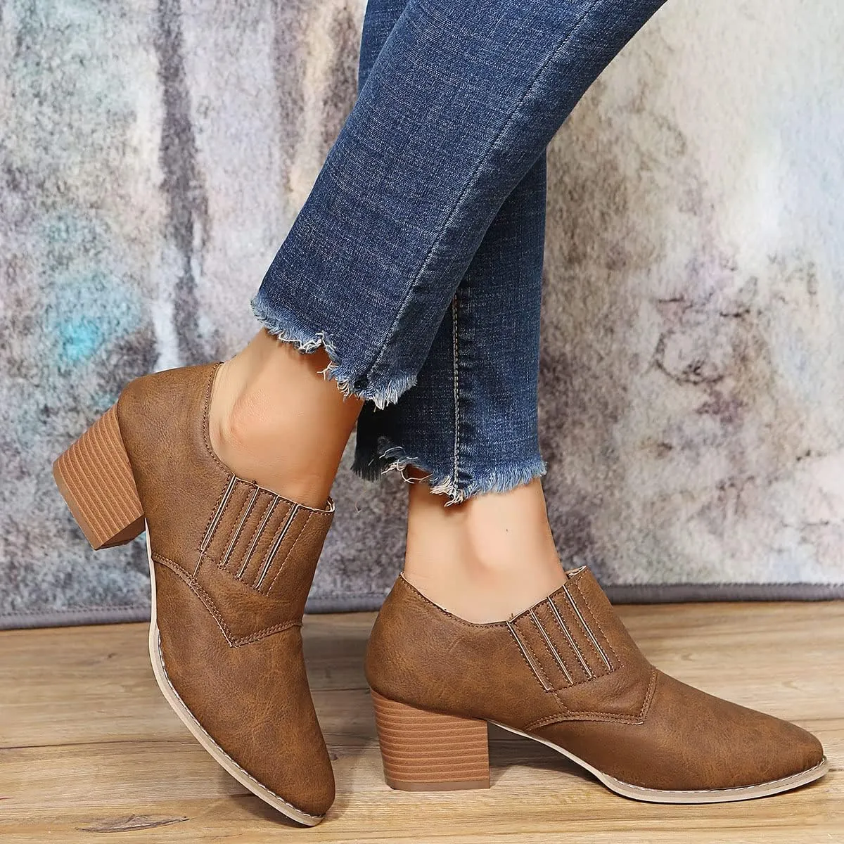 JITUUE Women's Pointed Toe Block Heel Bootie Slip-On Ankle Boots Faux Leather Heel Heels Chunky Boot