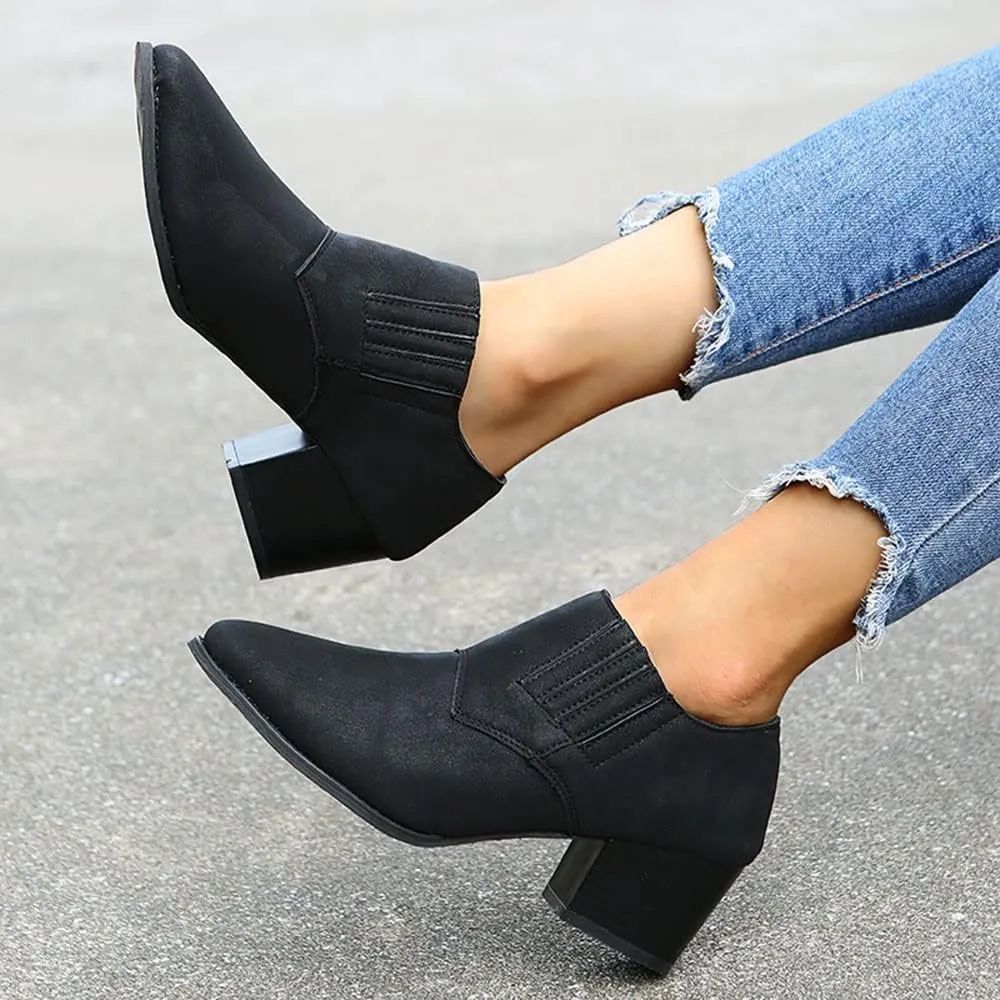 JITUUE Women's Pointed Toe Block Heel Bootie Slip-On Ankle Boots Faux Leather Heel Heels Chunky Boot