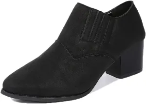 JITUUE Women's Pointed Toe Block Heel Bootie Slip-On Ankle Boots Faux Leather Heel Heels Chunky Boot