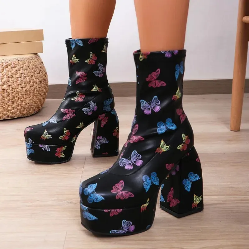 Joskaa 2024 New Women's Short Boots Fashion Square Head Waterproof Platform High Heels Versatile Thick Sole Women's Boots