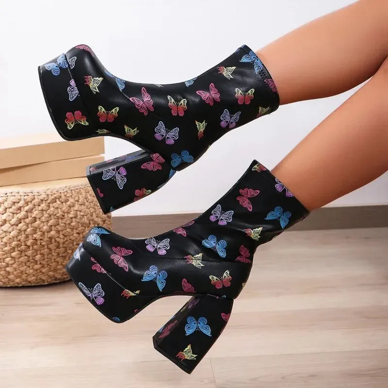 Joskaa 2024 New Women's Short Boots Fashion Square Head Waterproof Platform High Heels Versatile Thick Sole Women's Boots