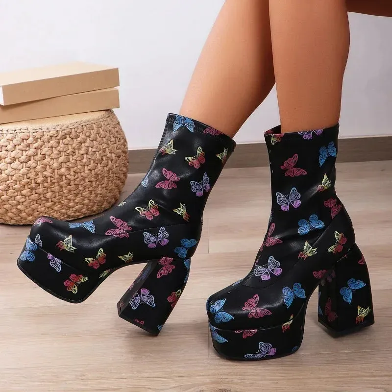 Joskaa 2024 New Women's Short Boots Fashion Square Head Waterproof Platform High Heels Versatile Thick Sole Women's Boots