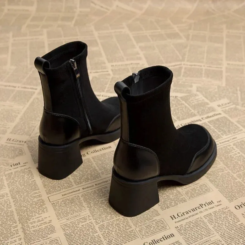 Joskaa Short Shoes for Woman Black Women's Ankle Boots Sock Footwear Combat Booties Very High Heels Suede Punk Style Heeled Autumn Boot