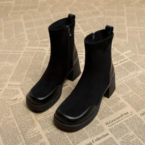 Joskaa Short Shoes for Woman Black Women's Ankle Boots Sock Footwear Combat Booties Very High Heels Suede Punk Style Heeled Autumn Boot