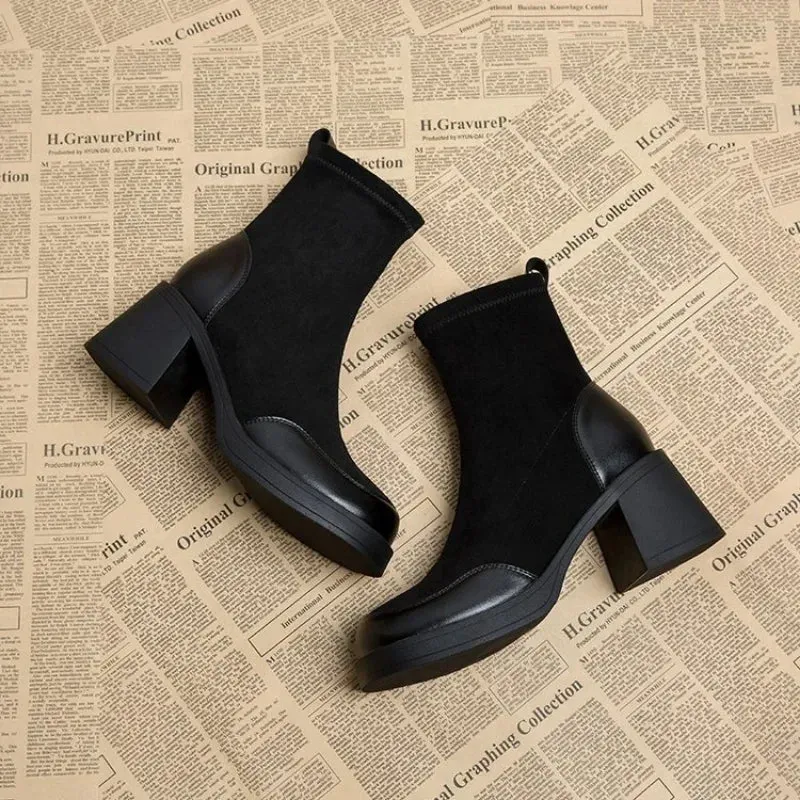 Joskaa Short Shoes for Woman Black Women's Ankle Boots Sock Footwear Combat Booties Very High Heels Suede Punk Style Heeled Autumn Boot