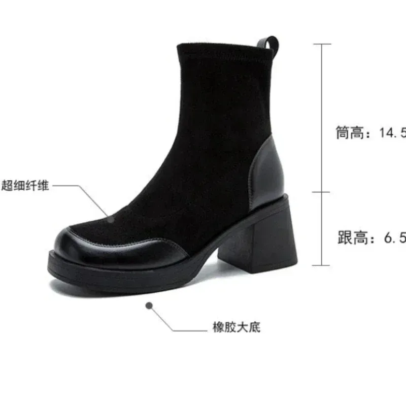 Joskaa Short Shoes for Woman Black Women's Ankle Boots Sock Footwear Combat Booties Very High Heels Suede Punk Style Heeled Autumn Boot