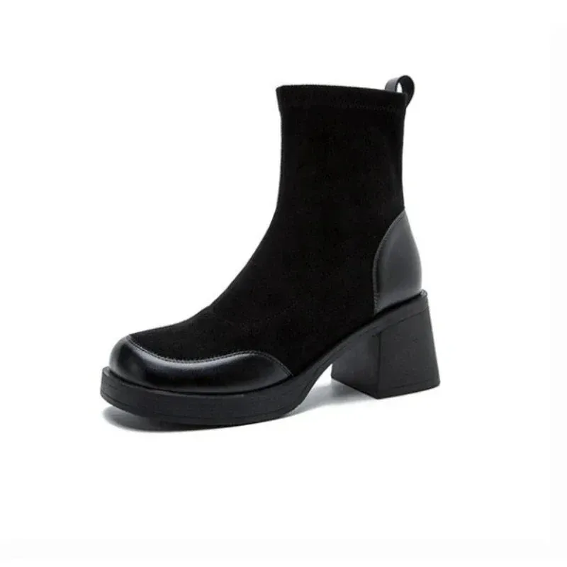 Joskaa Short Shoes for Woman Black Women's Ankle Boots Sock Footwear Combat Booties Very High Heels Suede Punk Style Heeled Autumn Boot