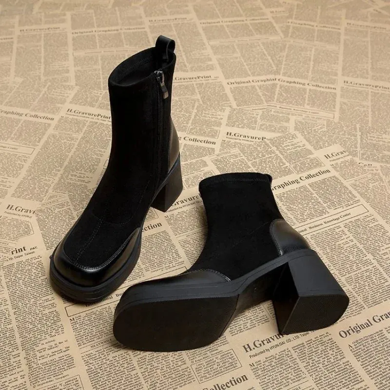 Joskaa Short Shoes for Woman Black Women's Ankle Boots Sock Footwear Combat Booties Very High Heels Suede Punk Style Heeled Autumn Boot