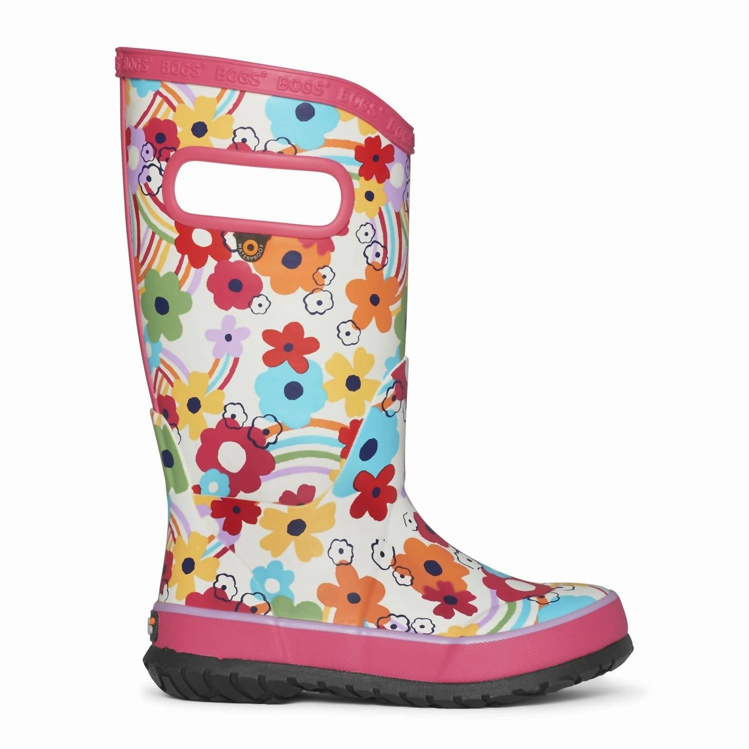 Textured Tread Pattern Kid's Rainbow Rainboot In Bone