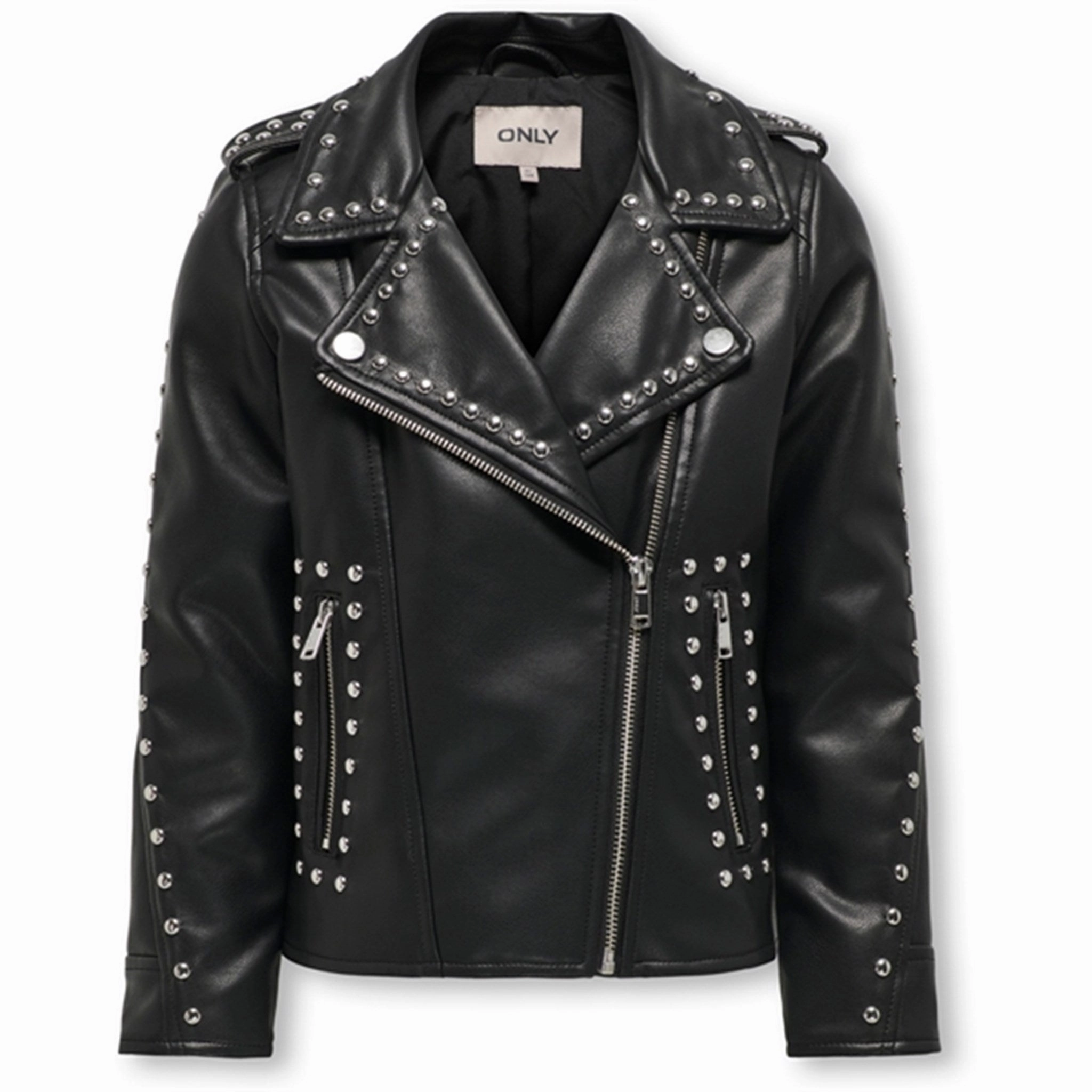 Flex Fit Design Compression Fold Design Kids ONLY Black Sia Studded Faux Leather Biker Jacket