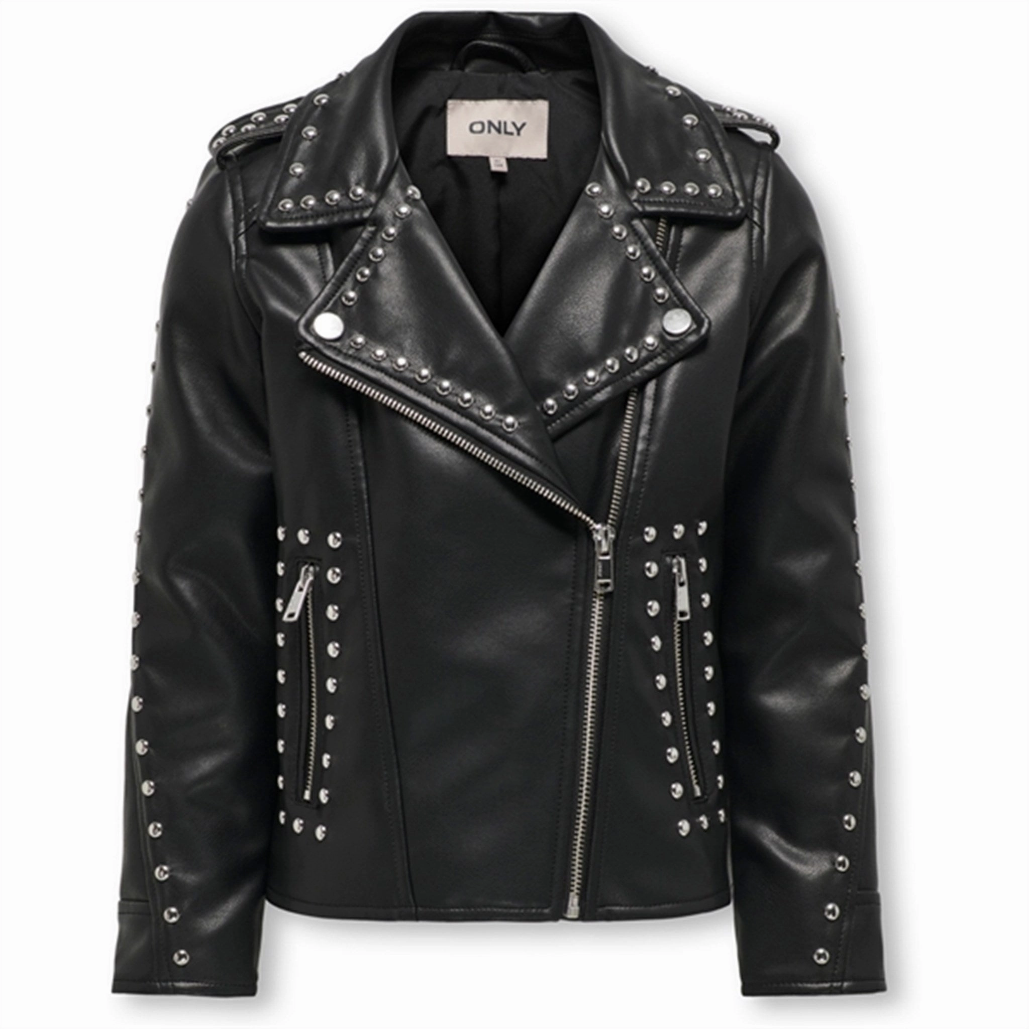 Kids ONLY Black Sia Studded Faux Leather Biker Jacket Modern Street HighNeckDesign