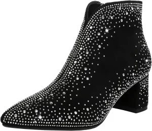 KiutSymo Women's Sparkly Ankle Boots Rhinestone Glitter Booties Pointed Toe Chunky Low Heel Cowboy Boots