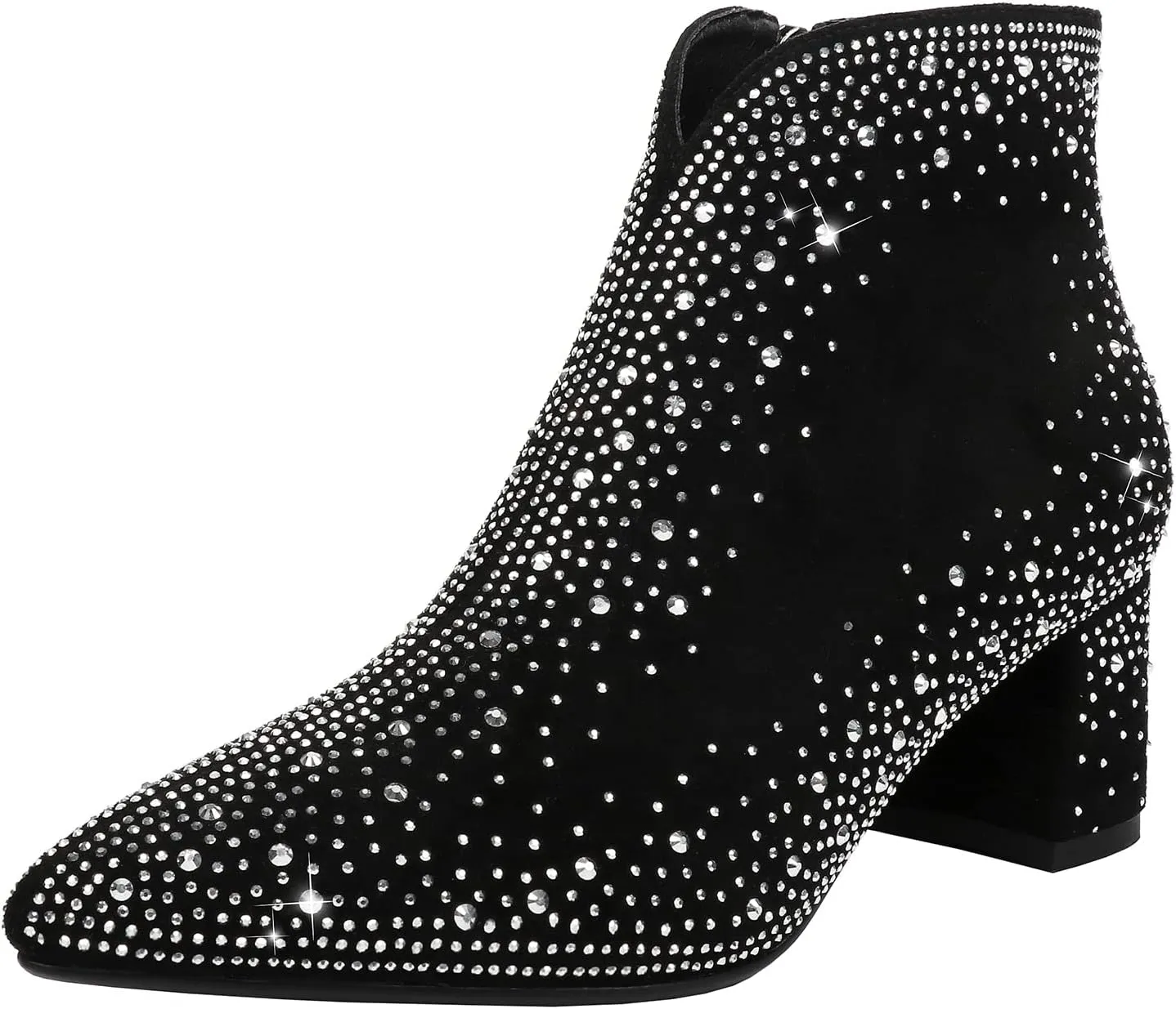 KiutSymo Women's Sparkly Ankle Boots Rhinestone Glitter Booties Pointed Toe Chunky Low Heel Cowboy Boots