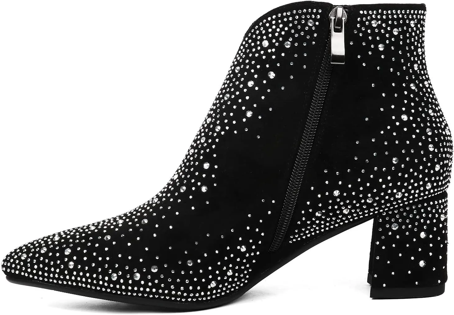 KiutSymo Women's Sparkly Ankle Boots Rhinestone Glitter Booties Pointed Toe Chunky Low Heel Cowboy Boots