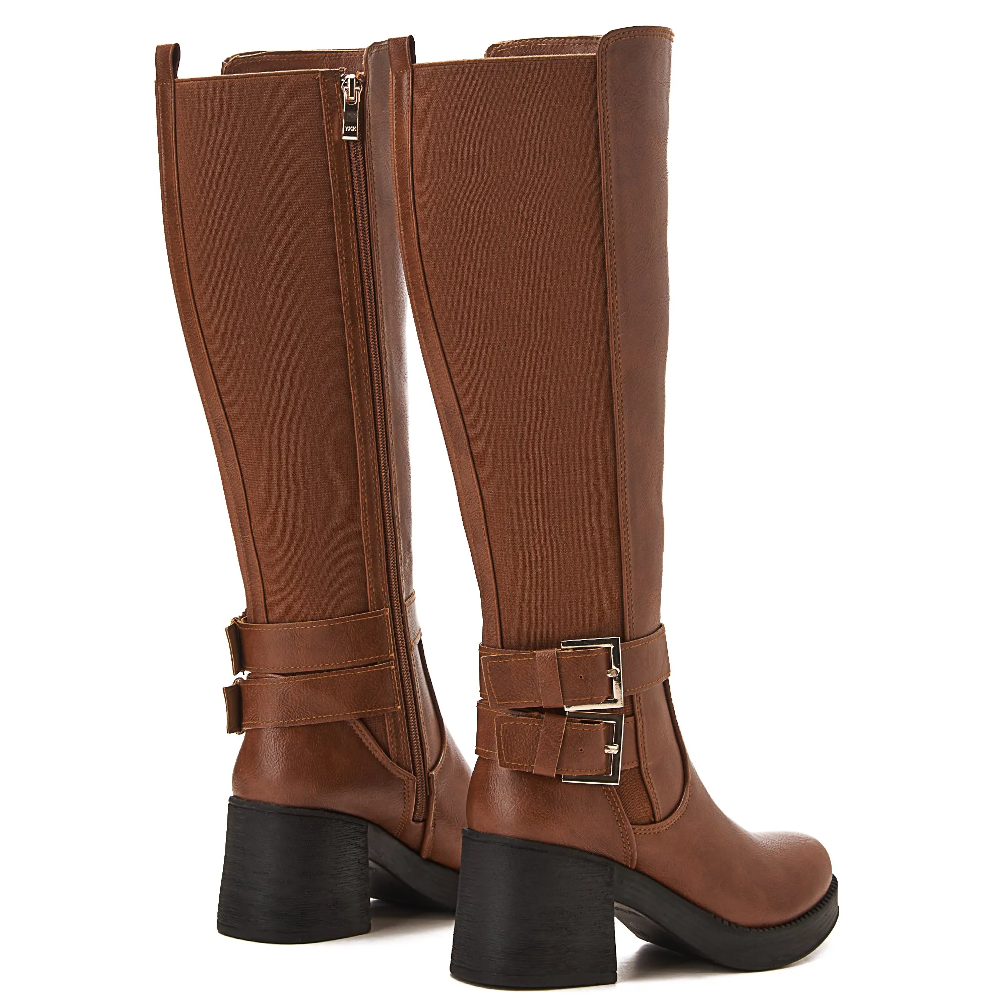Knee High Women Boots With Side Buckles - Havana