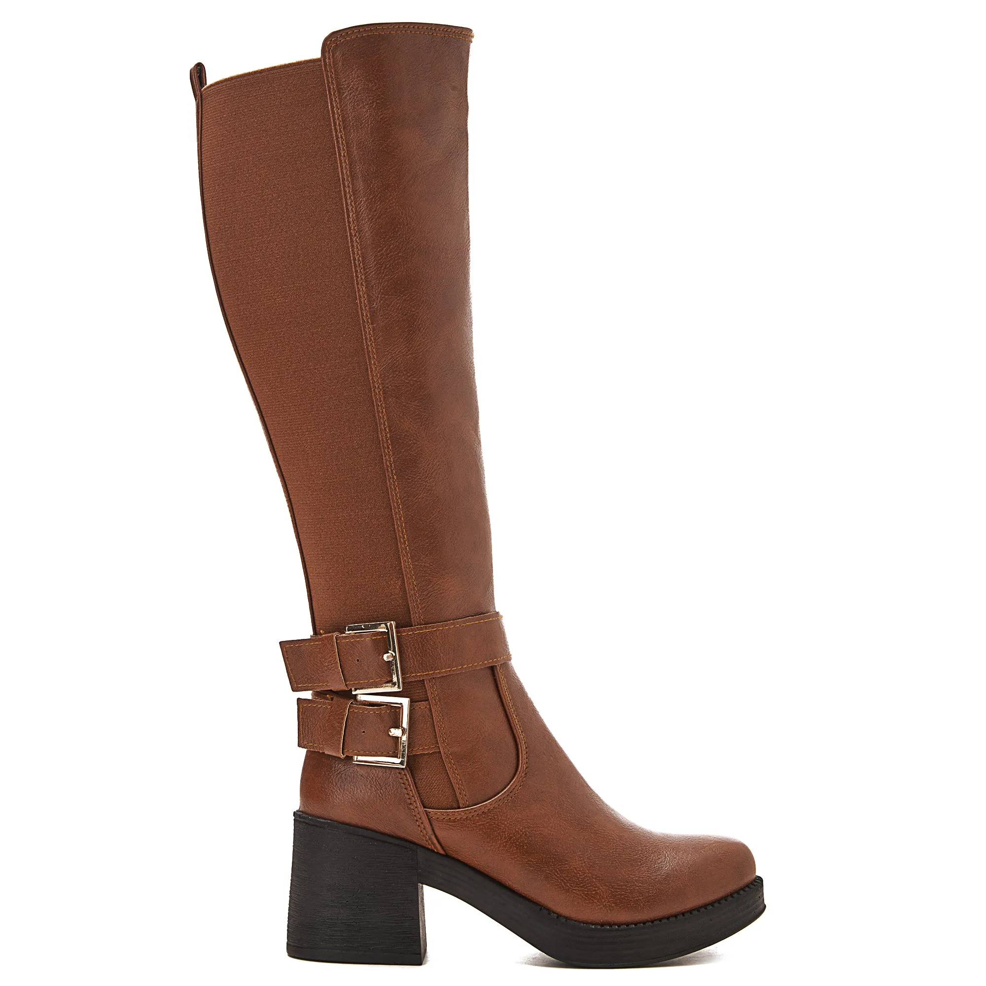 Knee High Women Boots With Side Buckles - Havana