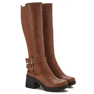 Knee High Women Boots With Side Buckles - Havana