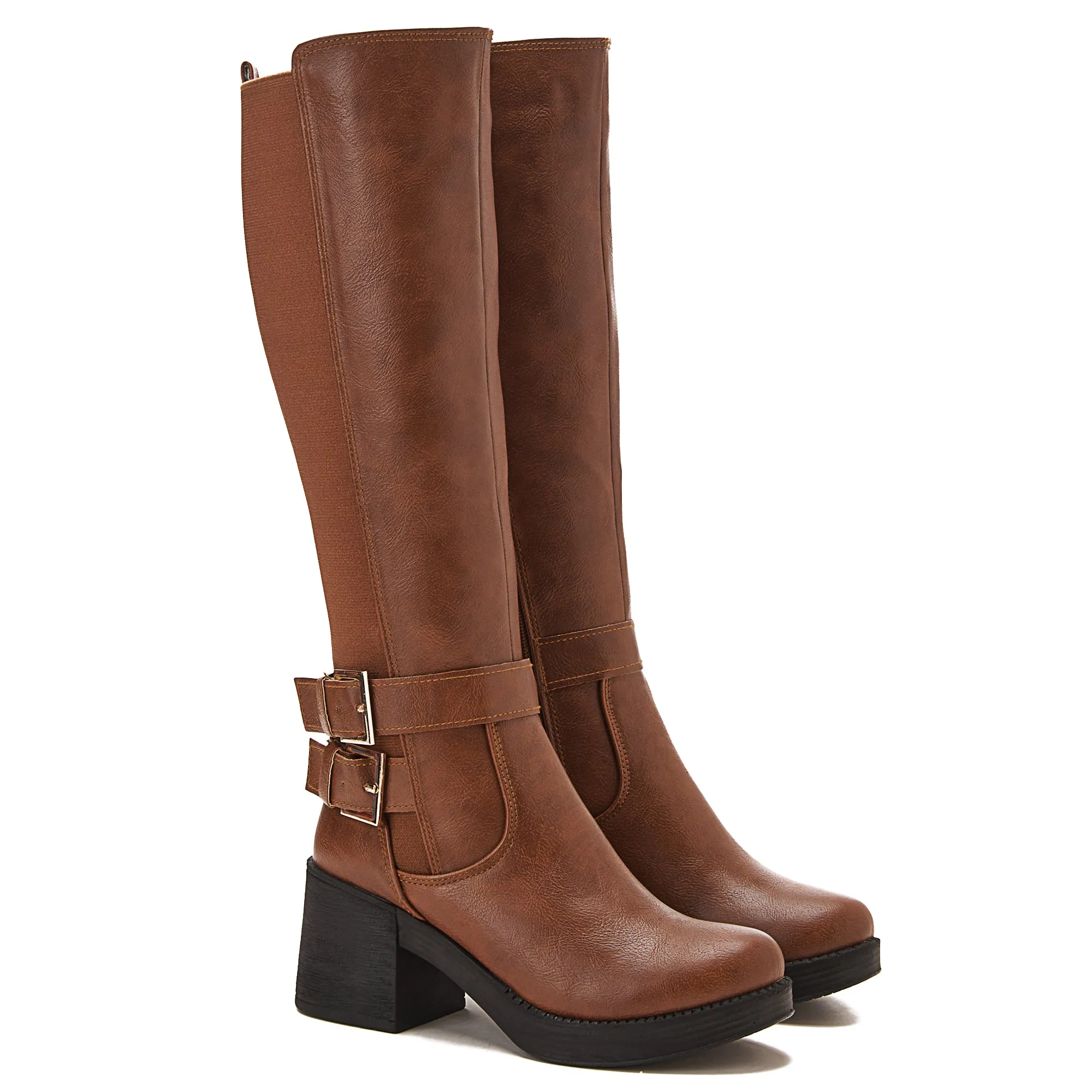 Knee High Women Boots With Side Buckles - Havana