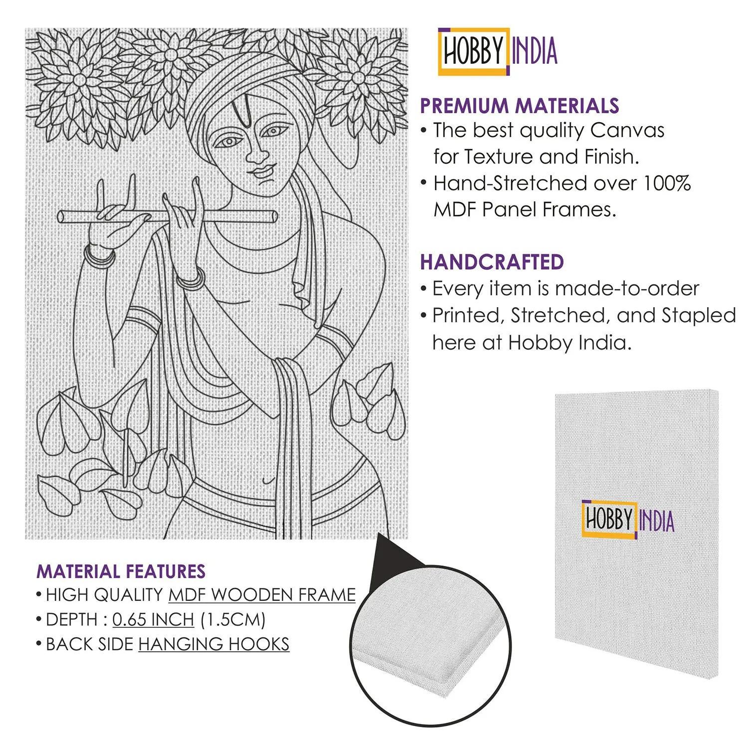 Krishna Play Flute Pichwai DIY Canvas Base for Painting
