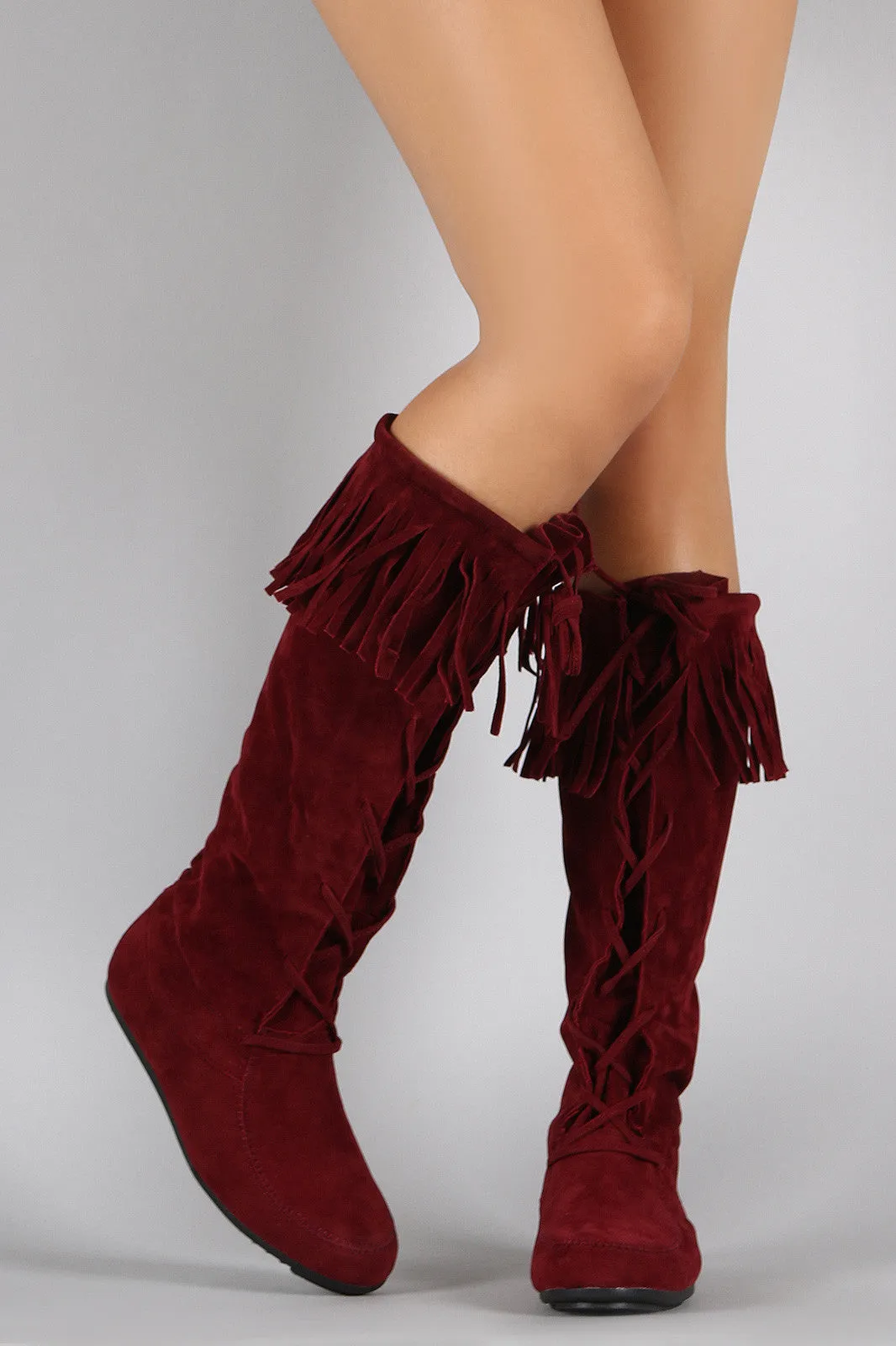 Lace Up Fringe Cuff Vegan Suede Moccasin Boots