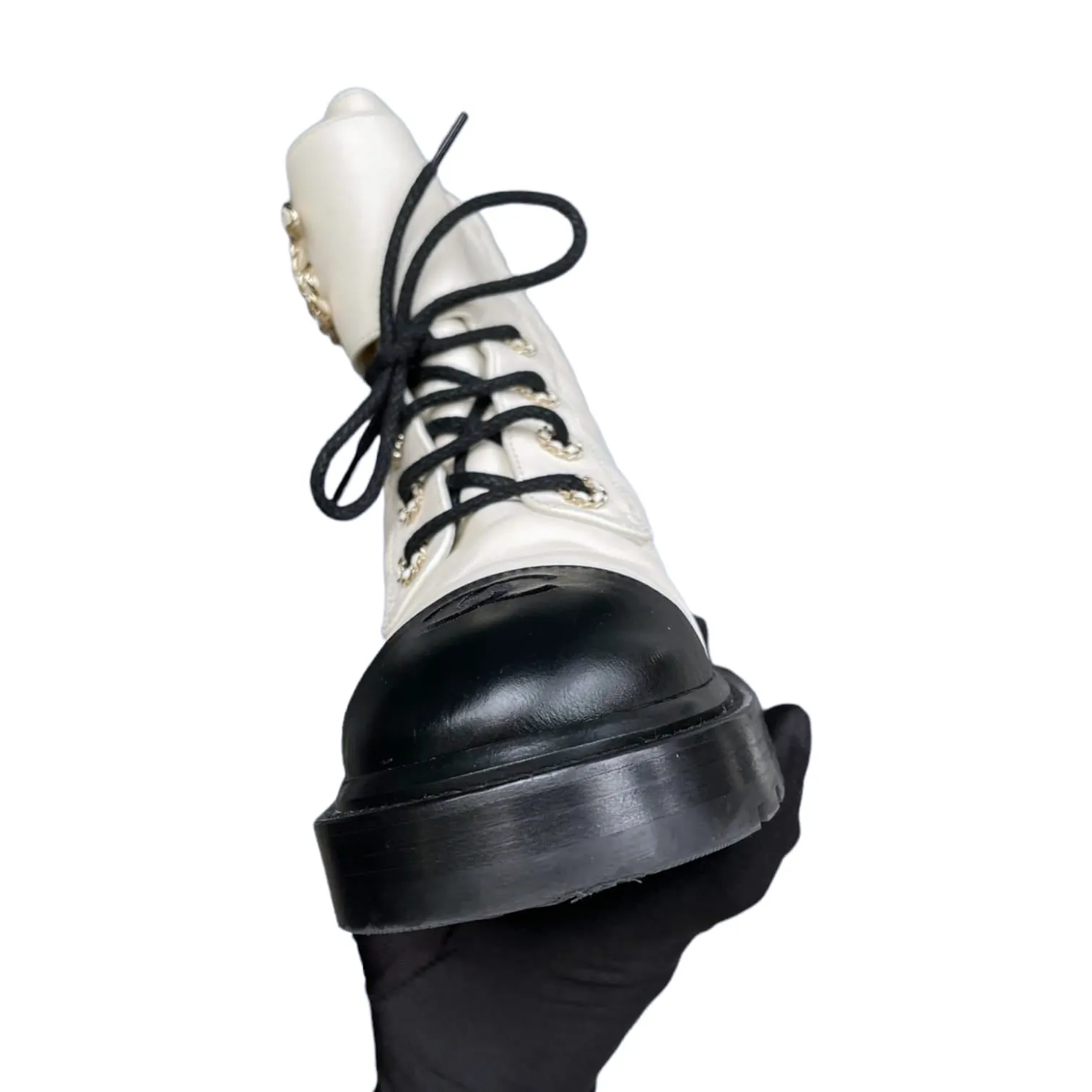 Laceup Combat Boots Calfskin Beige Black