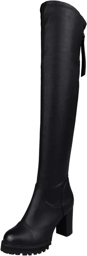 Ladies Fashion Solid Color Leather Fleece Back Zipper Thick High Heel Stretch Over Knee Boots Heel Booties (Black, 7.5)