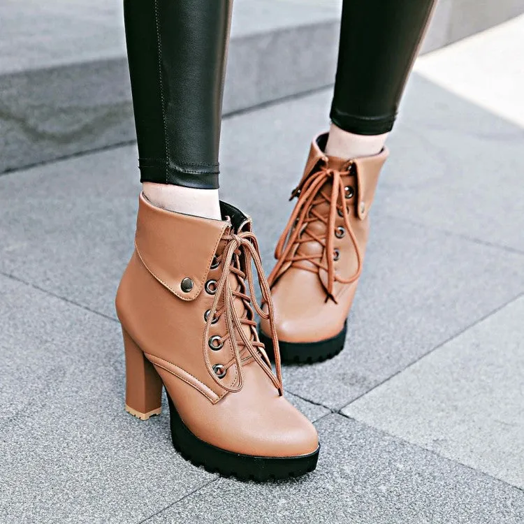 Lady's chunky platform high heels combat boots England style front lace short booties