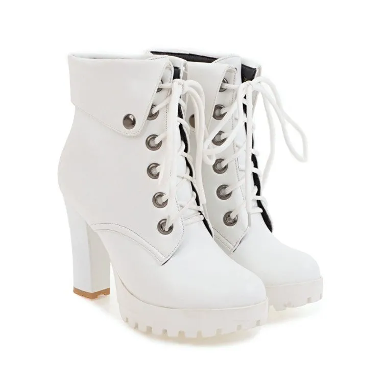 Lady's chunky platform high heels combat boots England style front lace short booties