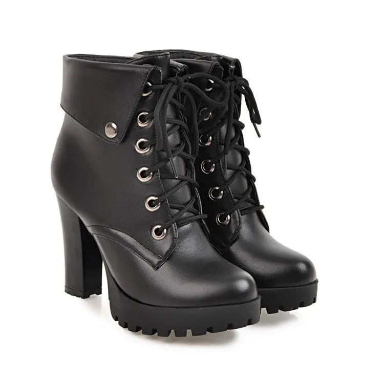 Lady's chunky platform high heels combat boots England style front lace short booties