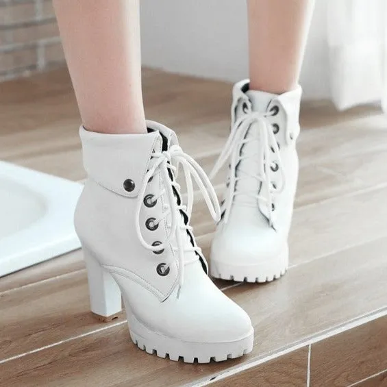Lady's chunky platform high heels combat boots England style front lace short booties