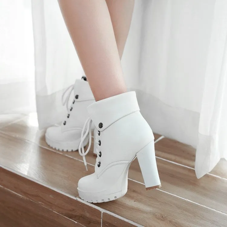 Lady's chunky platform high heels combat boots England style front lace short booties
