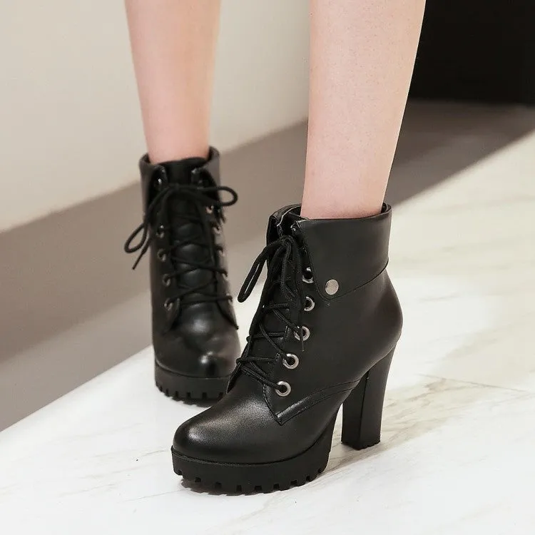 Lady's chunky platform high heels combat boots England style front lace short booties