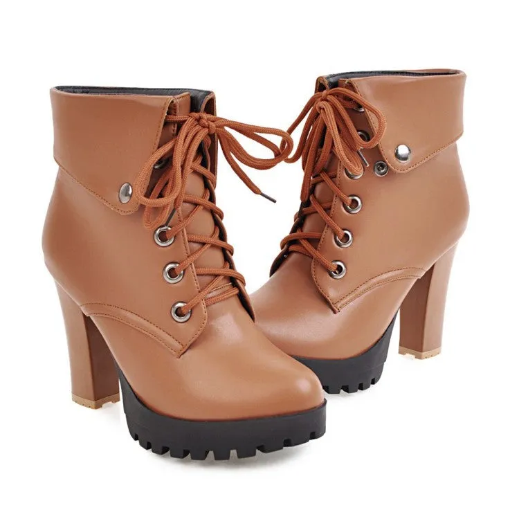 Lady's chunky platform high heels combat boots England style front lace short booties