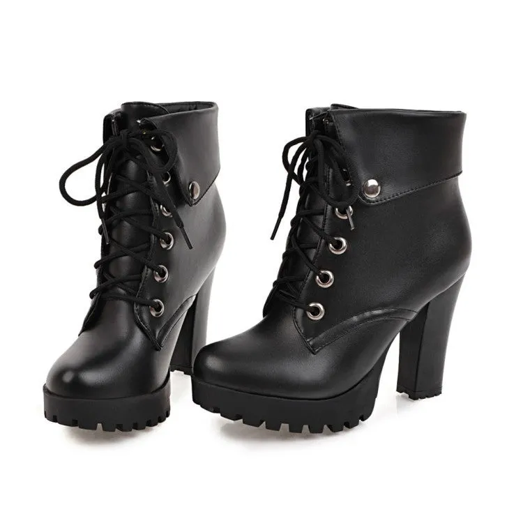 Lady's chunky platform high heels combat boots England style front lace short booties