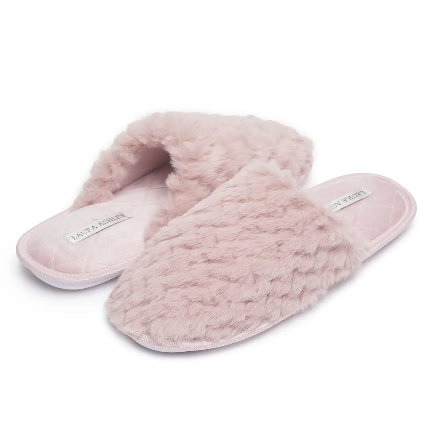 Laura Ashley Womens Texture Plush Memory Foam Scuff Slippers, Warm Fuzzy Fluffy Bedroom Slipper, Ladies Faux Fur Slip On House Shoes
