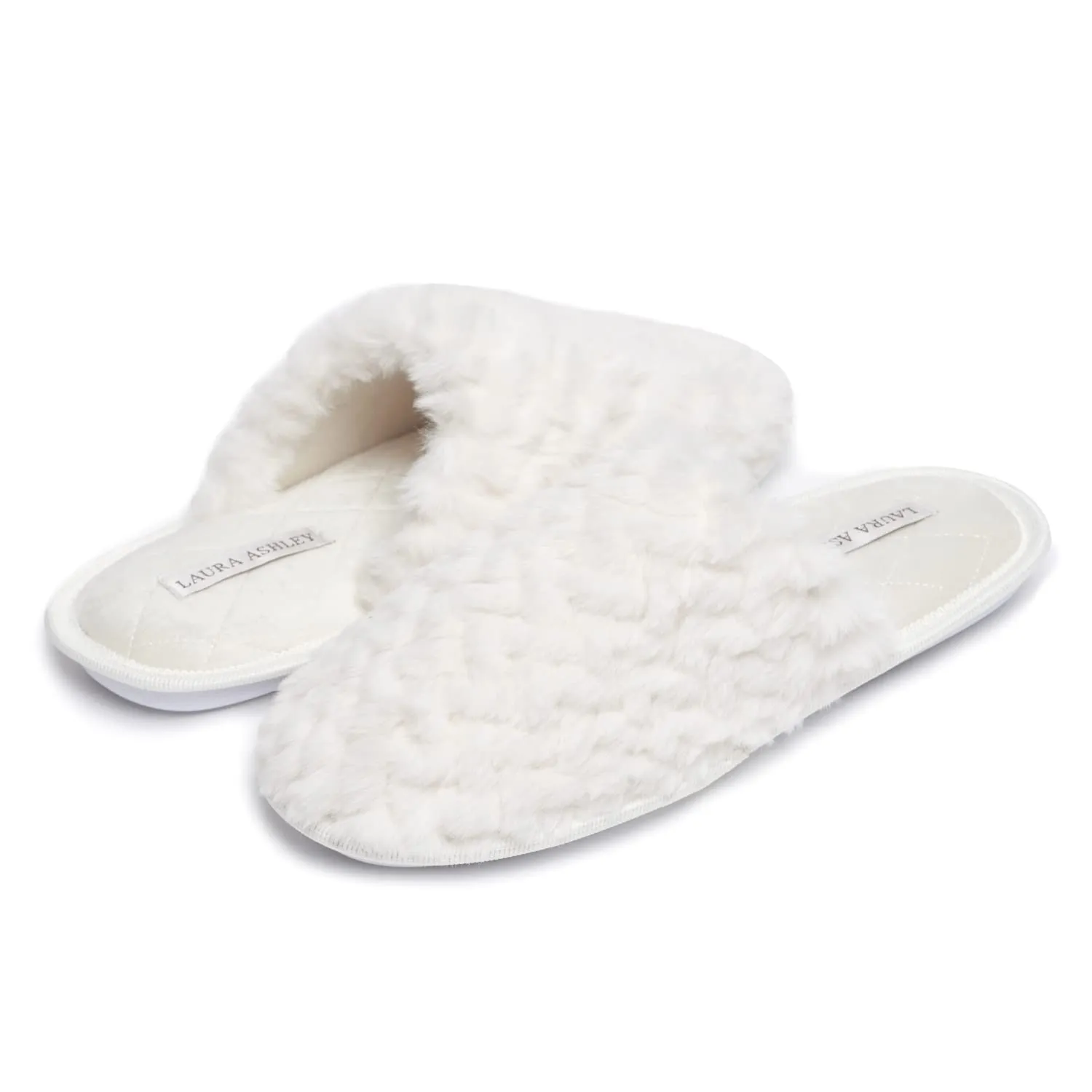 Laura Ashley Womens Texture Plush Memory Foam Scuff Slippers, Warm Fuzzy Fluffy Bedroom Slipper, Ladies Faux Fur Slip On House Shoes